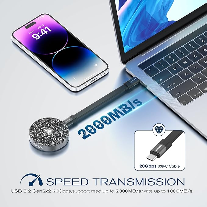 1TB Magnetic Portable SSD, USB-C 3.2 Gen 2x2 External Solid State Drives w/Speeds Up to 2000MB/s, Compact & Durable, Compatible with iPhone 15/16 Series and Other USB-C Devices, Diamond Black