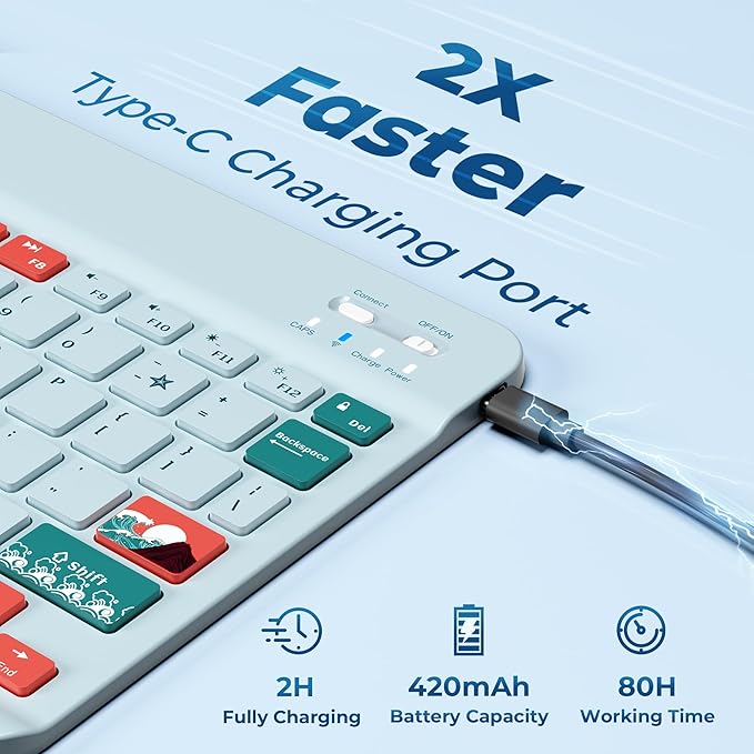 OHY Bluetooth Keyboard, XVX WK80 Portable Travel Keyboard Compatible with Windows, iOS, Android, iPhone, and Tablets-Blue