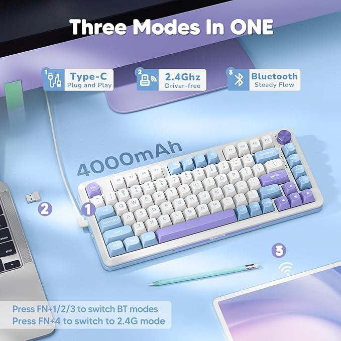 Redragon K681 Wireless Mechanical Keyboard, Gasket Mounted RGB Gaming Keyboard with Volume Knob, MDA-Profile, Pre-Lubed Linear Switches, 81 Keys 75％ Tri-Mode Hot Swappable for PC/Xbox/Ps (Periwinkle)