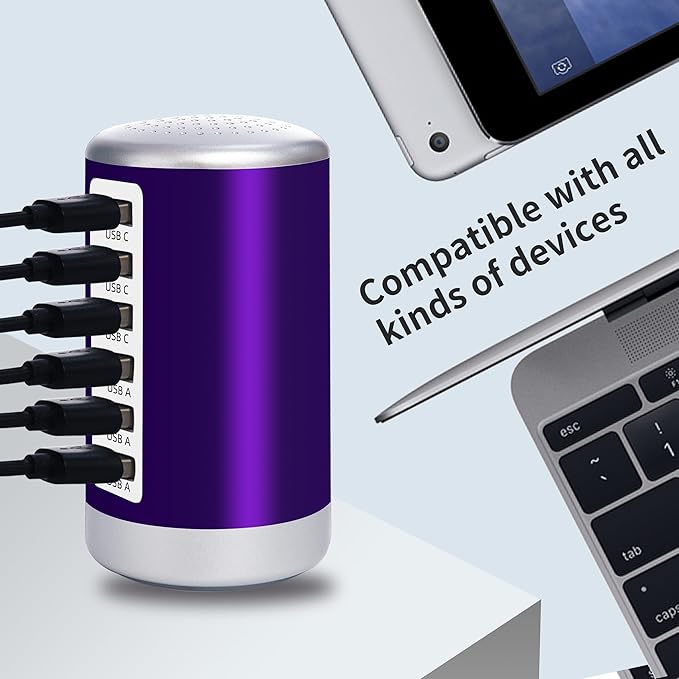 60W USB Charging Station with 6-Port (3 USB-A & 3 USB-C) for iPhone 12/13/14, Tablets & Smartphones - Purple