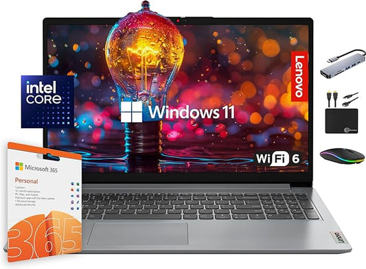 Lenovo IdeaPad Laptop Computer 2025, 15.6" Display, 12GB RAM, 1.1TB Storage (500GB SSD + 128GB eMMC + 500GB Ext), Intel Dual Core Processor, Long Battery, MarxsolAccessory, 1 Year Office 365, Win 11