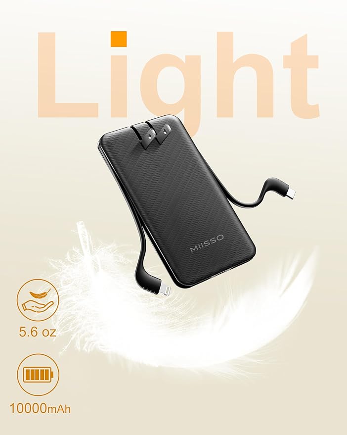 miisso Ultra Slim 10000mAh Power Bank Built-in Cables and Foldable AC Wall Plug, Pocket Size USB C Portable Charger, External Battery Pack Compatible with iPhone Samsung iPad etc, Black