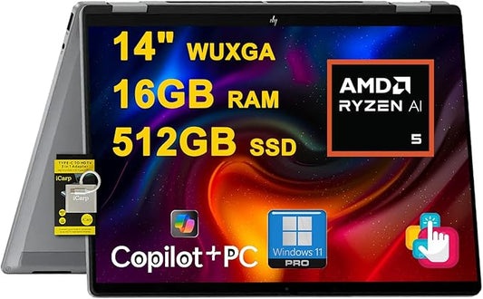 HP OmniBook X Flip 2-in-1 Laptop 14" WUXGA IPS Touch (400nits) AMD 6-core Ryzen AI 5 340 (Up to 50 Tops) 16GB RAM 512GB SSD for Creator Designer Business Professional Win11Pro ICP Hub/Copilot+ AI PC
