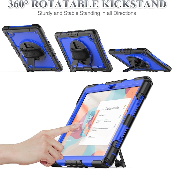 SEYMAC stock Case for Samsung Galaxy Tab A9 8.7'', Full-Body Drop Protection Case with Screen Protector Pencil Holder [360° Rotating Hand Strap] &Stand, Blue+Black