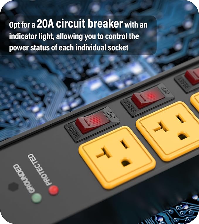 CCCEI Heavy Duty Surge Protector Power Strip 20 Amp Individual Switches. 10FT 12 Gauge Extension Cord with Multiple Outlets. Kitchen, Garage, Shop, Industrial Wall Mount Electric Extender, Yellow.