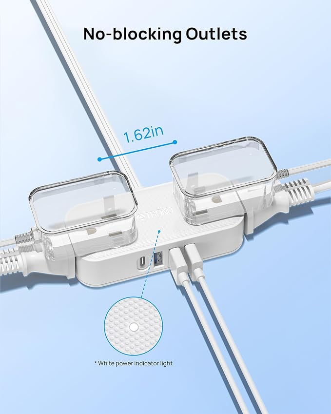 TROND Travel Power Strip with USB Ports, 10ft Flat Plug Extension Cord with Multiple Outlets, Small Wall Mount Extender Adapter for Office Dorm Room Essentials, White