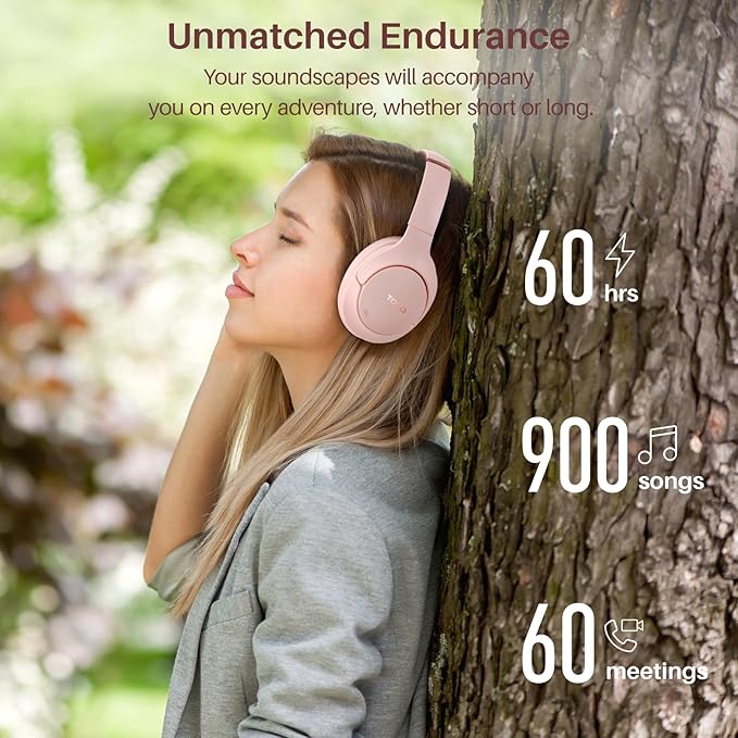 TOZO HT2 Hybrid Active Noise Cancelling Headphones, Wireless Over Ear Bluetooth Headset, 60H Playtime, Hi-Res Audio Custom EQ via App Deep Bass Comfort Fit Ear Cups, for Home Office Travel Pink