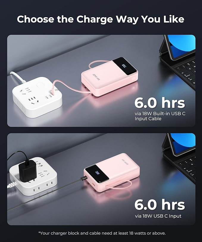 Portable-Charger-Power-Bank Travel Essentials Battery Pack USB C 30000mAh Built in Cable 22.5W Phone Fast Charging Powerbank Compatible with iPhone 16 15 14 13 12 11 iPad Google Xiaomi (Pink)