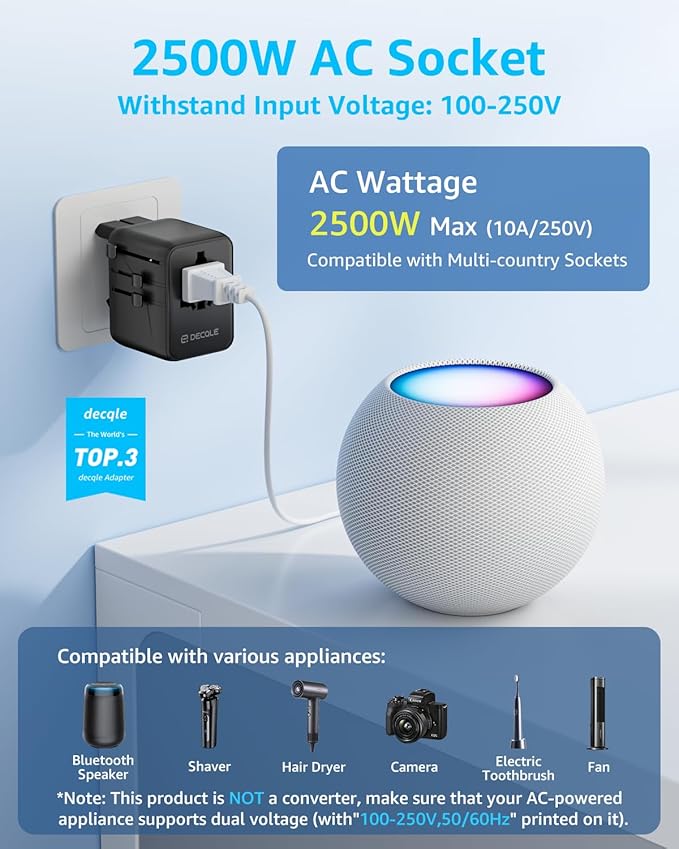 Universal Travel Adapter, International Travel Plug Adapter with 3 USB-C ＆ 2 USB-A Ports 45W, All in One Portable Socket, for USA, UK, EU, AU ＆ 224+ Countries (Black)