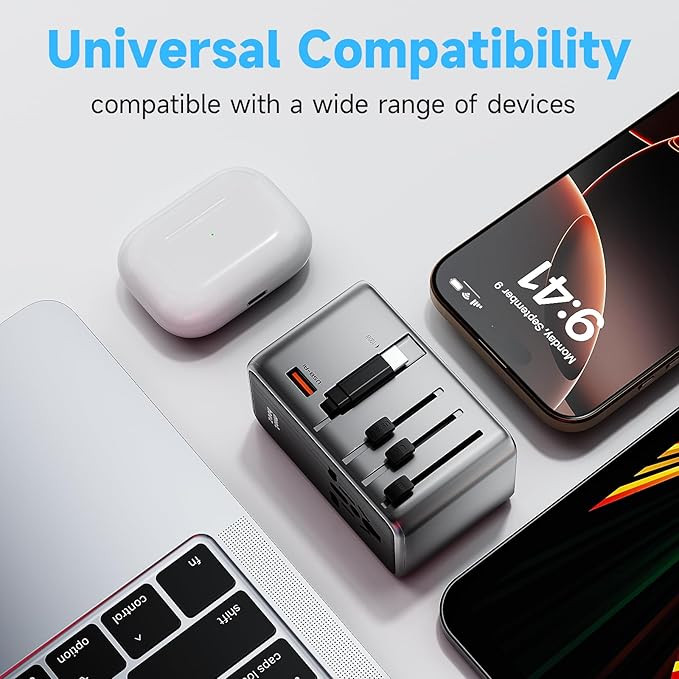 Minthouz Universal Travel Adapter, International 100W Power Adapter GaN Fast Charger with 2 USB-C PD, 1 USB-C Cable &A Ports, All-in-One Portable AC Power Plug Adapter for USA EU UK AUS