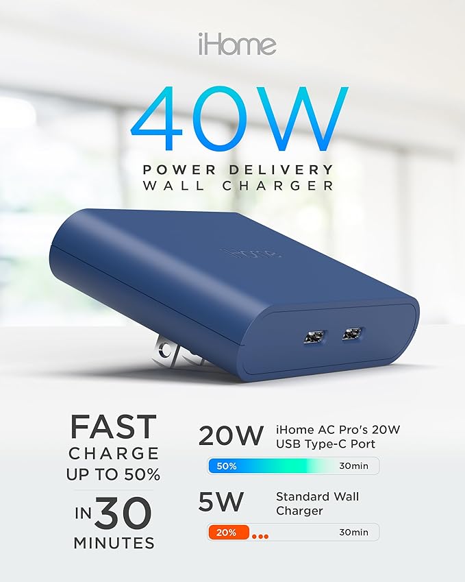 iHome Multiport 40W USB-C Charger, AC Pro 2-Port Flat Block, Dual Fast Charging Wall Adapter