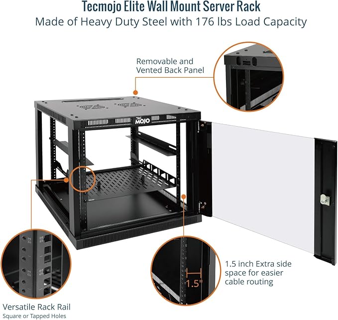 Tecmojo 9U Wall Mount Rack Cabinet, Heavy-Duty 176 Lbs High Load Capacity, 19” Enclosed Server Network Rack with Glass Door, 17.7” Deep – Elite Collection