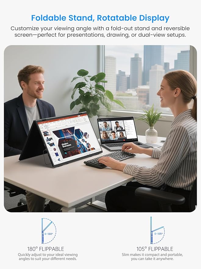 15.6" Dual-Screen Portable Monitor, 350 Nits 1200:1 FHD IPS Seamless Extended Display, Dual Device Connection, Type-C/HDMI, Anti-Glare Eye Care, 105° Foldable Stand for Work & Travel