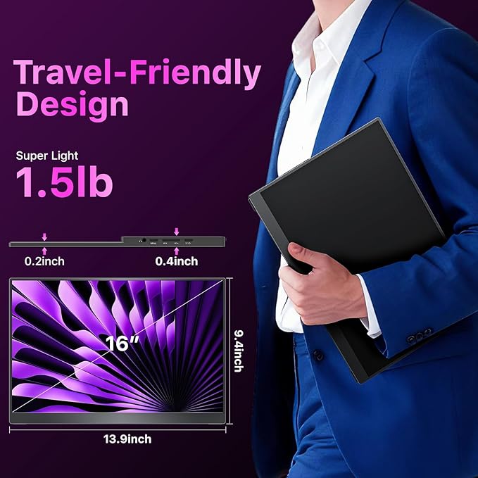 Portable Monitor 16 inch 2.5K QHD 100% sRGB 120Hz, Travel Monitor for Laptop MacBook Surface PC Xbox PS5, HDMI Dual USB-C VESA Compatible Built-in Speaker, with Kickstand