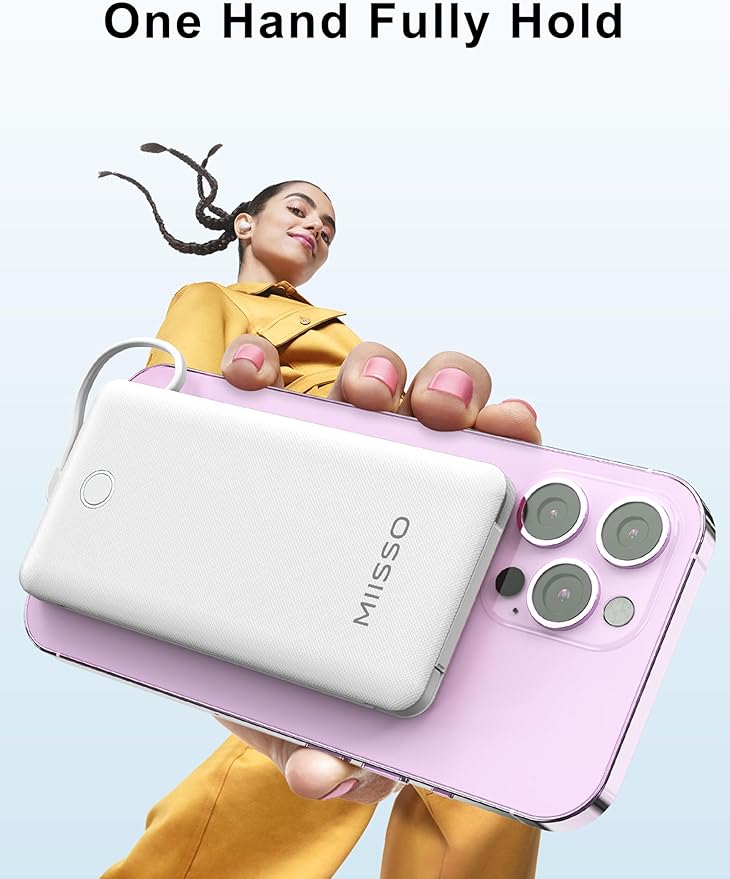 miisso 10000mAh Slim Portable Charger with Built in Cable, Power Bank Travel Charger External Battery Pack for Phone, 4 Output USB Type C Cord Clutch Charger Compatible with iPhone, White