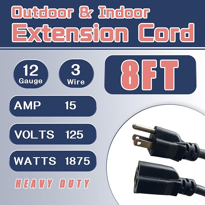 8 Ft Outdoor Extension Cord - 12/3 SJTW Heavy Duty Black Extension Cable with 3 Prong Grounded Plug - Power Cord for Lawn, Garden, Appliances