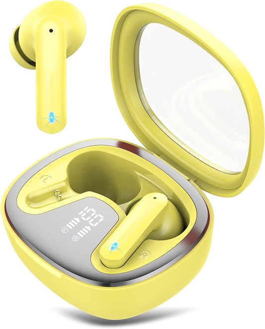 Wireless Earbuds, Bluetooth 5.4 Headphones, HiFi Stereo Bass Ear Buds, in Ear Earbuds with 4 ENC Noise Cancelling Mic, 45H, LED Display, IP7 Waterproof, Yellow