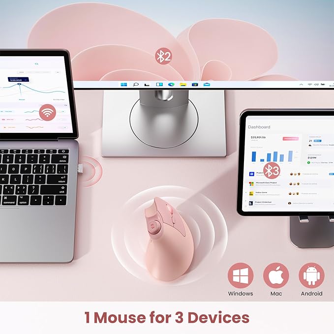 seenda Ergonomic Mouse Rechargeable, USB+Dual Bluetooth, MOU-302 Vertical Wireless Mouse with Volume Knob, Quiet Clicks, Multi-Device Cordless Mice Compatible for Windows, PC, Laptop, Mac OS, Pink