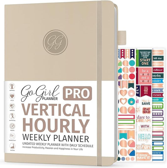 GoGirl Planner PRO Schedule - Undated Planner with Hourly Time Slots, Monthly, Weekly & Daily Organizer, Appointment Book for time Management, 7"x10" Hardcover, Lasts 1 Year - Seashell