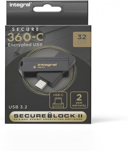 Integral Secure 360-C 32GB Software Encrypted USB Flash Drive - USB-C Connector - 256-bit AES encryption - Compatible with Mac, MacBook, PC, Laptop