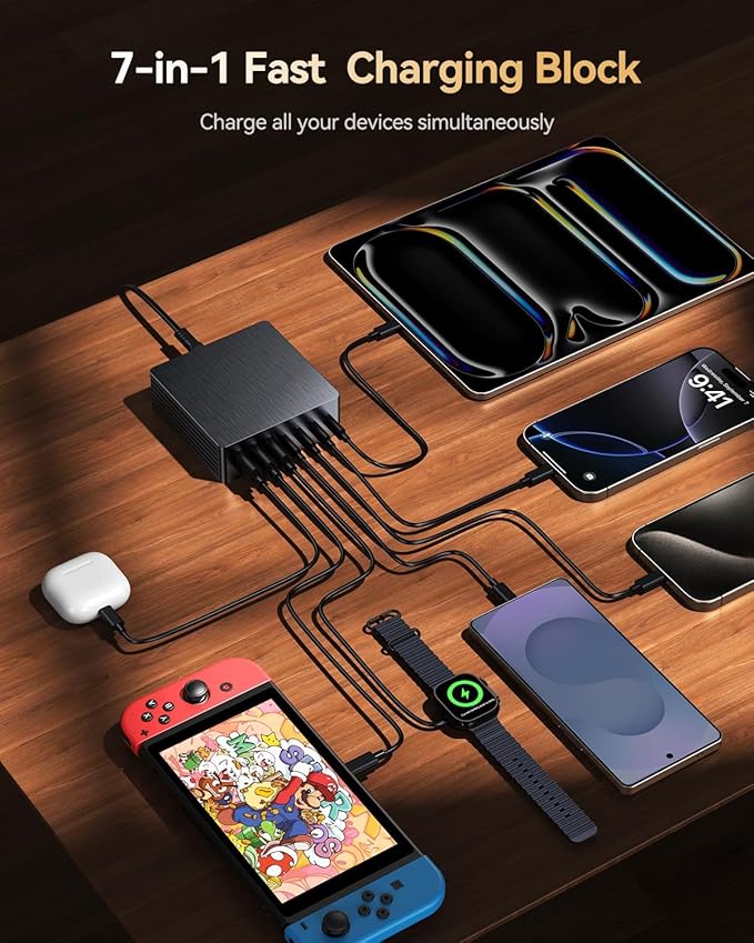 USB C Charger Block, 140W GaN III 7-Port Fast Charging Station for Multiple Devices, PD 3.0 USB Wall Charger Power Strip Charging Hub Travel Adapter Plug for iPhone Samsung Android, 2 Pack
