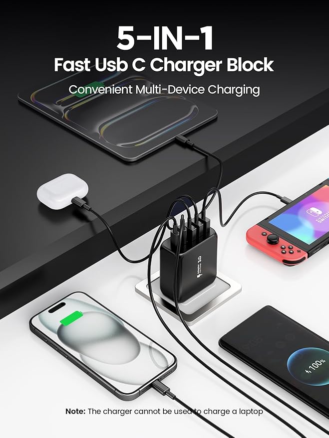 USB C Charger Block, Type C Charger Fast Charging,Total 50W 5-Port USB Wall Charger Multiport Type C Charging Block Cube for iPhone 17/16/15/14/13/12/11 Pro Max XS, iPad, Samsung & More-Black
