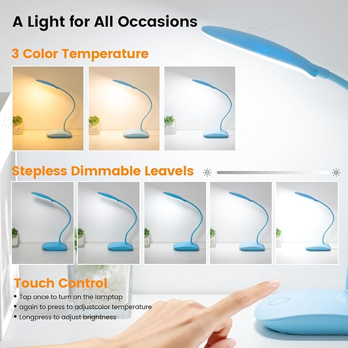 Battery Powered Desk Lamp, Portable Lamps Rechargeable 3 Color Modes Touch Control Stepless Dimming, Wireless Desk Lamp with 2000mAh, Small LED Table Light for Dorm Study Office Bedroom,Blue