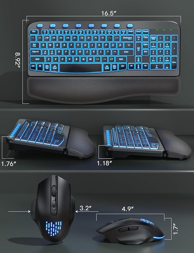 SABLUTE Ergonomic Wireless Keyboard and Mouse Combo - Wave Keyboard with Soft Leather Wrist Rest, Resistant Keys, RGB Backlit Rechargeable Set for PC/Mac/Chromebook (Black and Blue)