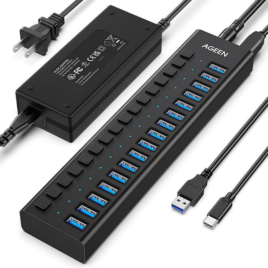 AGEEN 16-Port USB 3.2 Gen 2 Hub, 10Gbps High-Speed Aluminum Powered Hub with 96W Adapter, Individual Switches & Surge Protection for PC/Laptop, Flash Drive, Printer, Camera