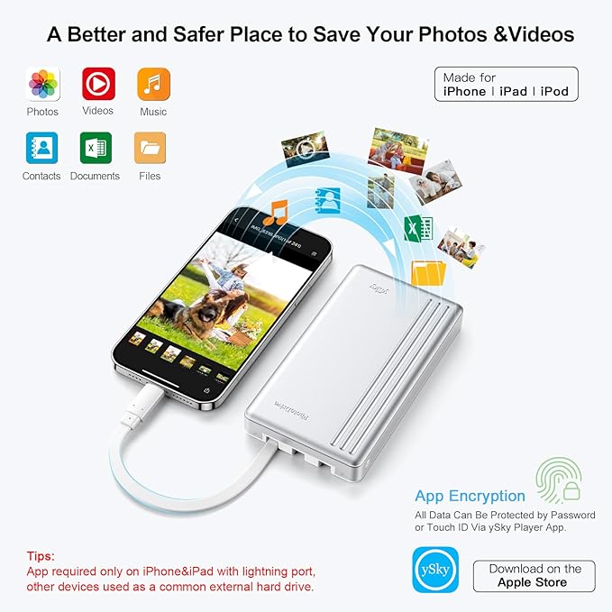 ySky MFi Certified 2TB External Hard Drive for iPhone iPad MacBook Computer,Portable Photo Stick USB Flash Drive Storage Device to Backup Photo| Video | Music| File 【One-Touch Backup】