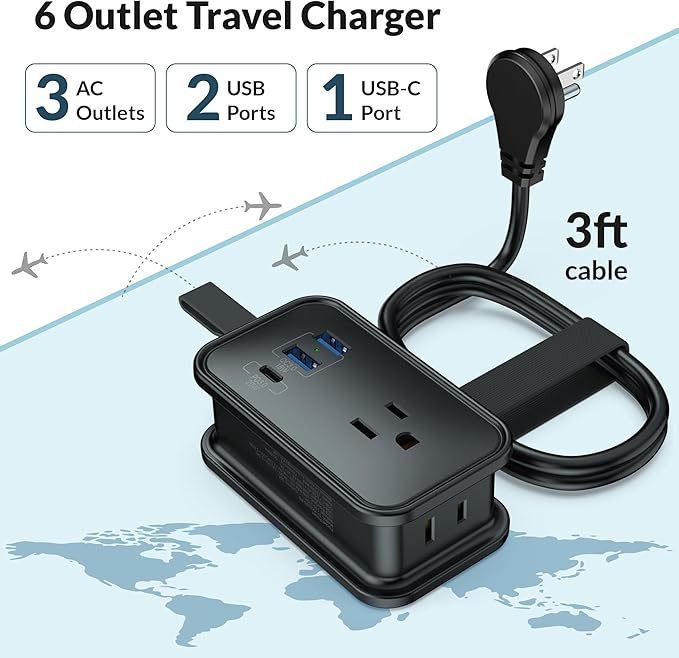 Travel Charger for Multiple Devices, Flat Plug Power Strip 3ft Adapter Extension Cord, 3 AC Outlets, 2 USB & 1 Fast Charging USB-C, No Surge Cruise Approved, Portable Power Strip