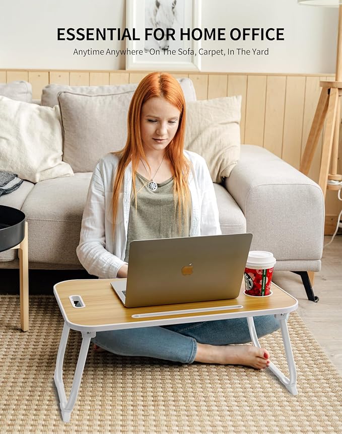 Laptop Bed Desk, Foldable Lap Table, Portable Study Table, Laptop Stand with Cup Holder & Tablet Slot & Lifting Handle for Working Writing Drawing & Eating - Wood
