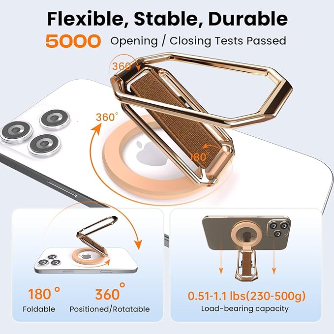 (2025 Newest) 4-in-1 Magnetic Phone Grip Stand for MagSafe with Finger Strap Loop,Removable Ring Holder for iPhone 17 Pro Max 16 15 14 13 12,Kickstand for Hands-Free View at Home Work Travel,Rose Gold