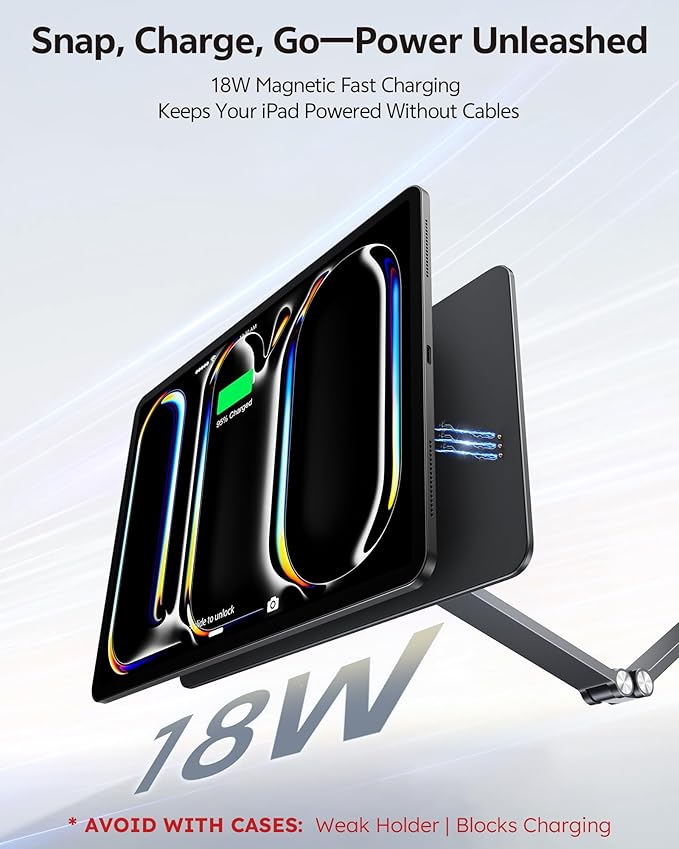 LULULOOK [Upgrade] Magnetic Wireless Charging Stand for iPad Pro 13" M4 Only, Aluminium Alloy iPad Stand for Desk with Foldable Long Arm, 360° Adjustable Tablet Holder with 2M USB C Cable