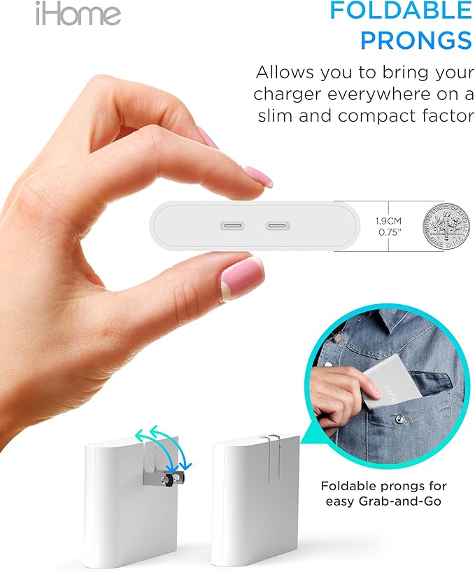 iHome Multiport 40W USB-C Charger, AC Pro 2-Port Flat Block, Dual Fast Charging Wall Adapter