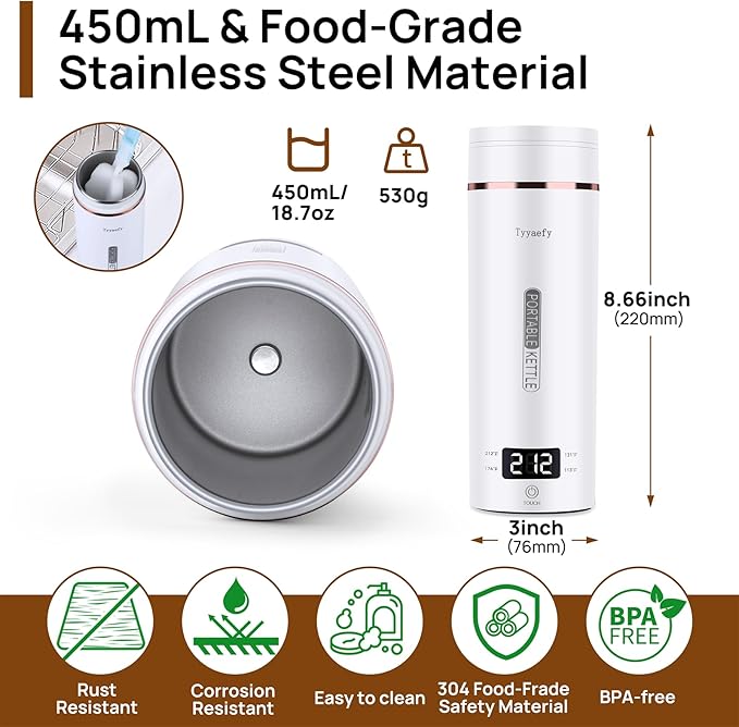 Portable Electric Kettle – Plug-in with Travel Bag, 450mL 304 Stainless Steel, 4 Preset Temp, Rapid Boiling, Auto Shut-Off & Boil-Dry Protection | Home/Office/Hotel/Caravan/Dorm/Business Trip