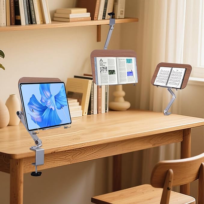 ASIEIT Book Stand for Reading, Wood Desk Clamp Book Holder, Cookbook Stand for Kitchen, Recipe Book Stand with Clamp, Height and Angle Adjustable, Foldable and Portable for Office, Bible, Recipe