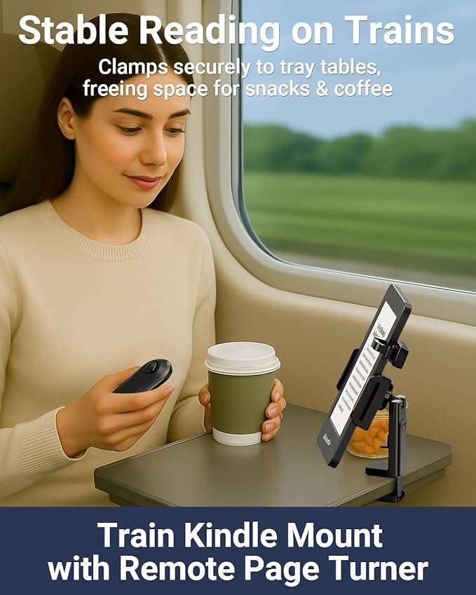 Kindle Travel Stand with Remote Page Turner – Foldable Kindle Holder and Clicker for Hands-Free Reading on Airplanes, Commutes & Camping