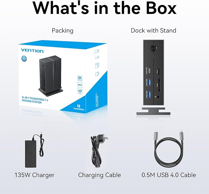 VENTION 8K 14-in-1 Thunderbolt 4 Docking Station Triple Monitors with 135W Power Adapter 40Gbps USB-C Docking Station for MacBook Pro/Air, Thunderbolt 4/3 Windows PC (8K HDMI DP, 3xUSB 3.2, Ethernet)