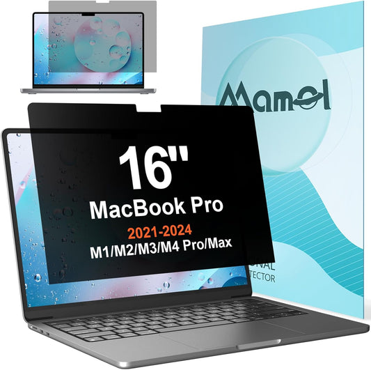 Privacy Screen for MacBook Pro 16 Inch (2021-2024, M1, M2, M3, M4, Pro, Max), Anti Glare Blue Light Filter, Nano No Glue Anti Spy Black Protector for Mac Pro 16In Laptop