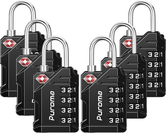 Puroma 6 Pack TSA Approved Luggage Locks, Black 4 Digit Resettable Travel Combination Code Lock with Zinc Alloy Body for Suitcase, Backpack, Laptop Bag, Gym Locker, Toolbox