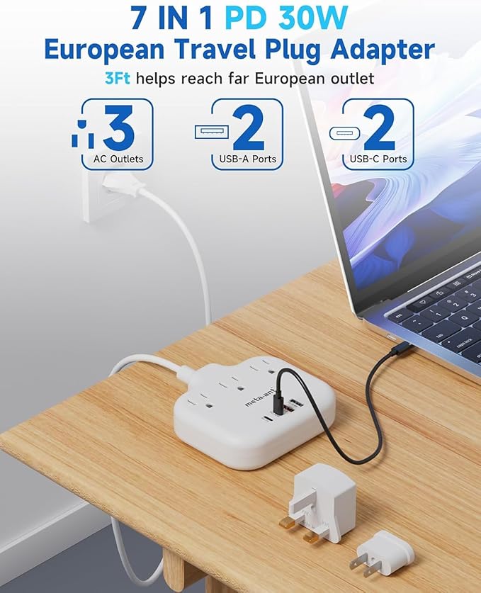PD30W European Travel Plug Adapter, International Power Adapter with 3 Outlets 2 USB-C and 2 USB-A Fast Charger, Universal Travel Adapter with 3ft Extension Cord for EU US UK Europe France Spain