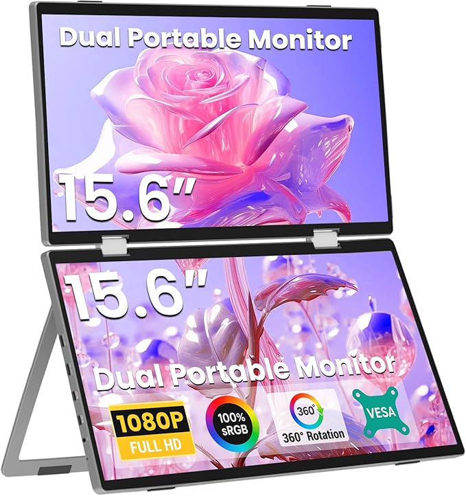 ELECROW Laptop Screen Extender 15.6" 1080P Dual Portable Monitor, USB C HD 360° Rotation Foldable Travel Extended Computer Display with Stand for Laptop PC Windows Mac, VESA Mountable (Plug & Play)