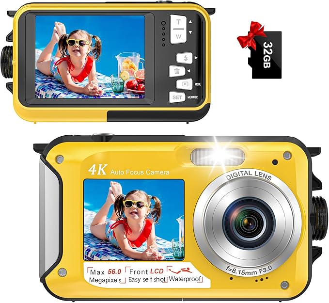 4K Underwater Camera with 32GB Card 1250mAh Battery 56MP Autofocus 16FT Waterproof Camera Dual-Screen Selfie 16X Waterproof Floatable Digital Camera Underwater Camera for Snorkeling