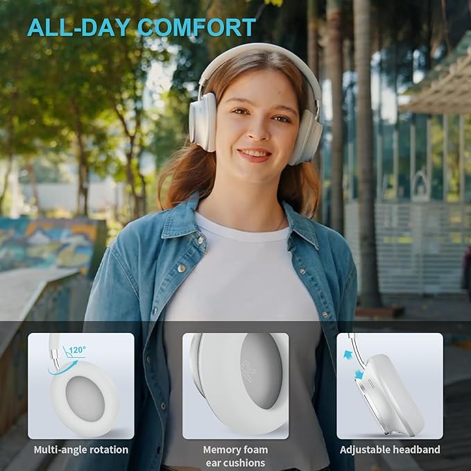 T-fun NC35 Hybrid Active Noise Cancelling Headphones, 360° Spatial Audio with Head Tracking, Over Ear Headphones Wireless Bluetooth 5.3, 55H ANC Playtime, Deep Bass, Custom EQ via App, for Travel Home