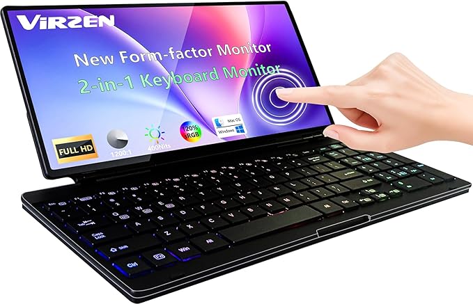 Portable Touchscreen Monitor with Silent Keyboard 12.8-inch Ultra-Slim Stretched Bar Screen Folding FHD 120% sRGB, USB-A/C Compatible Screen for Computers, Laptops, Mini PCs, Consoles, Phones