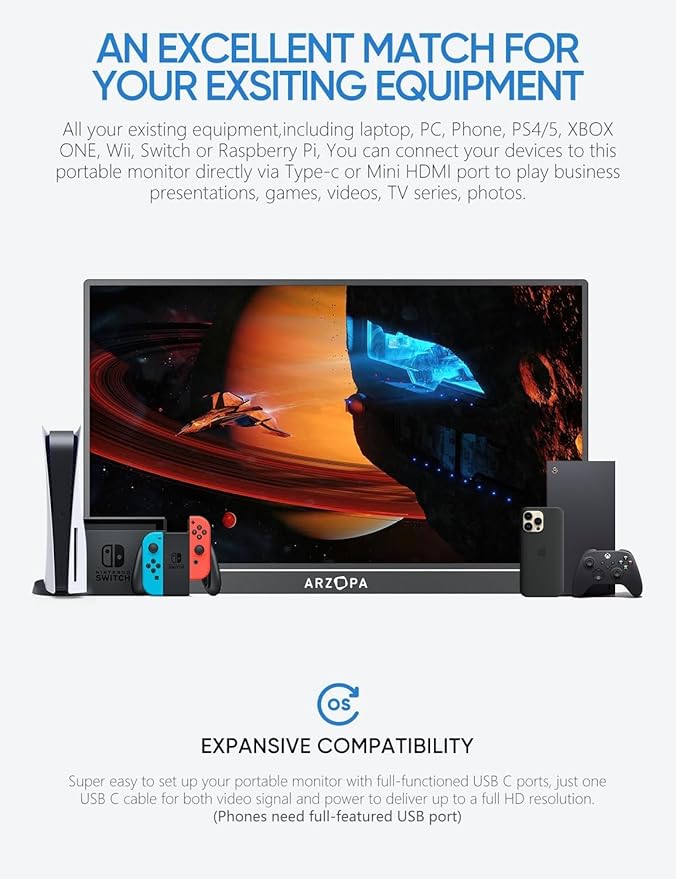 ARZOPA 17.3" Portable Monitor, 1080P FHD 103% sRGB IPS Gaming Monitor Laptop Monitor with Built-in Kickstand HDMI USB C External Screen for PC Mac Phone Xbox PS5 - A1M