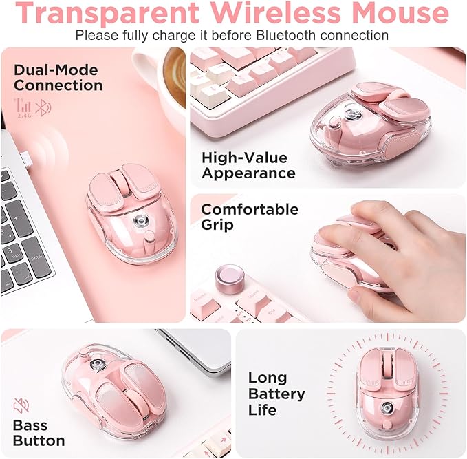 Q9 Wireless Computer Mouse, 2.4GHz/Bluetooth Mouse, Ergonomic Optical Mouse with RGB Lighting,Silent Clicks,4800 DPI, 4 Adjustment Levels,Compatible with PC, Mac, Laptop(Pink)