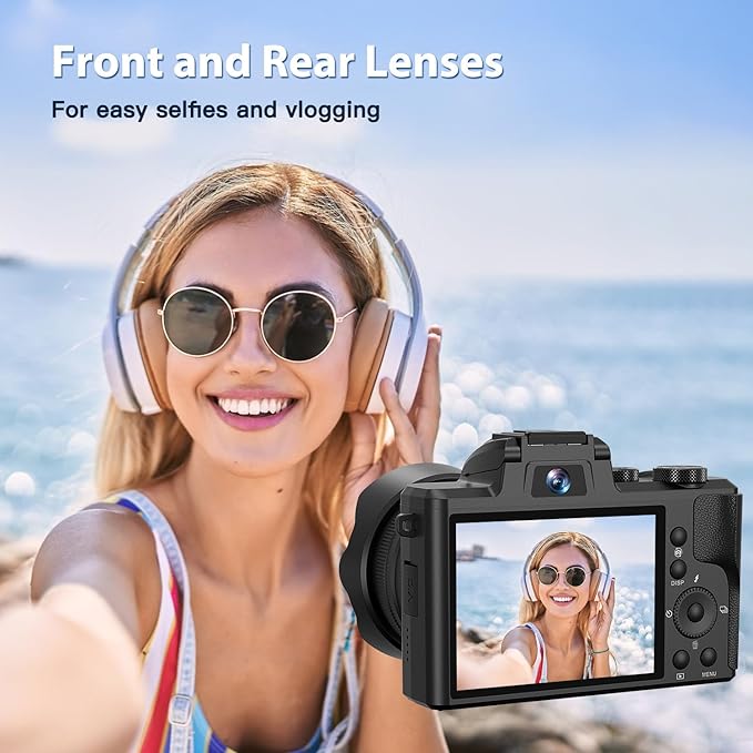 8K Digital Cameras for Photography Autofocus, WiFi 88MP Vlogging Camera with Dual-Lens, Flash, 16X Digital Zoom, Touch Screen, Travel Camera Anti-Shake with Lens Hood, 64GB Card,2 Batteries