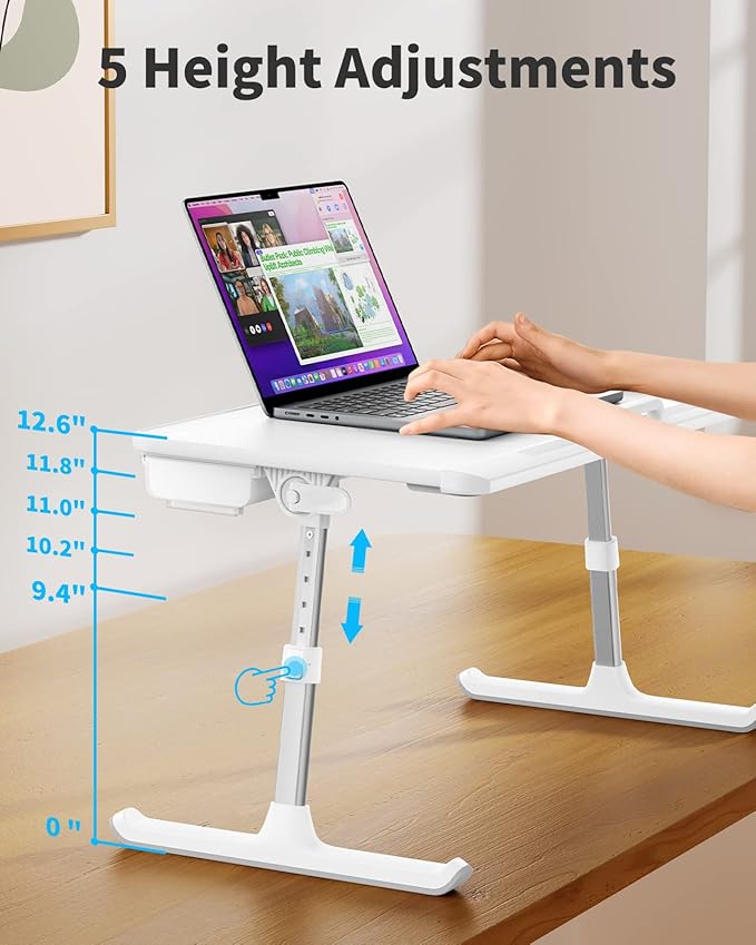 SAIJI Laptop Bed Tray Table, Adjustable PVC Leather Laptop Bed Table, Portable Standing Desk with Storage Drawer, Foldable Lap Tablet Table for Sofa Couch Floor (Large,White)